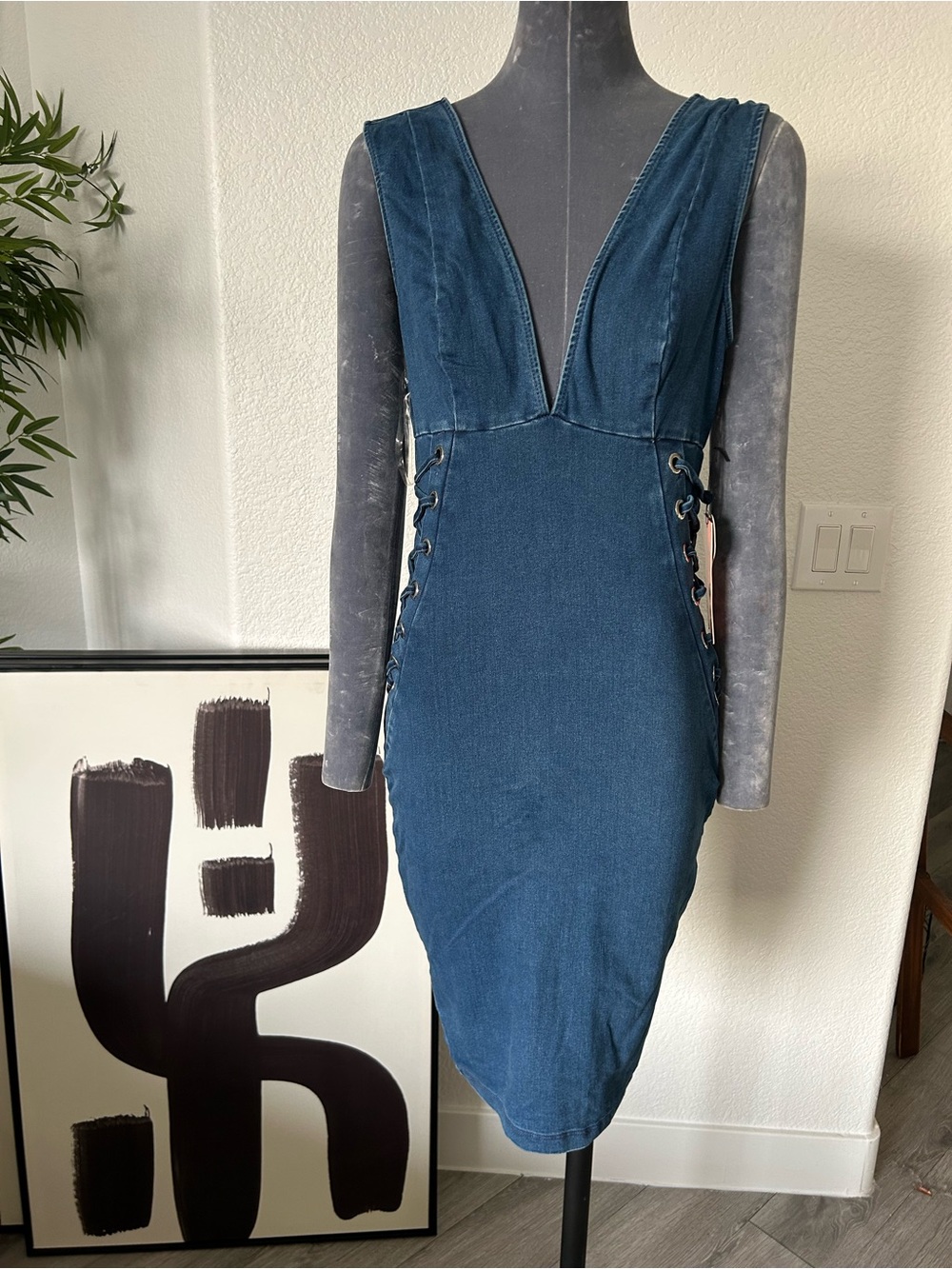 Deep V Denim Mini Dress in Teal Blue